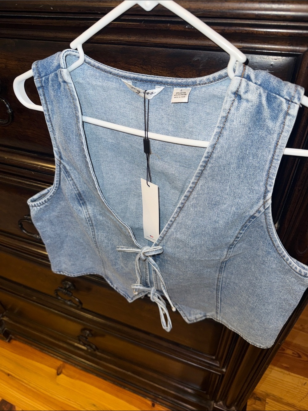 Vigoss Light Blue Denim Tie-Front Crop Vest